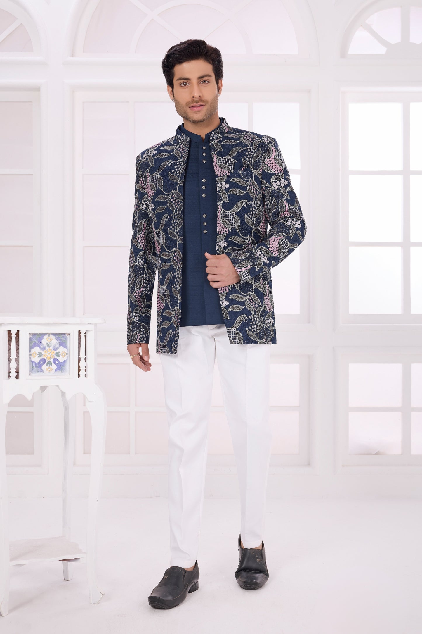 Stunning Navy Blue Floral Jodhpuri Jacket Without Pant for Wedding