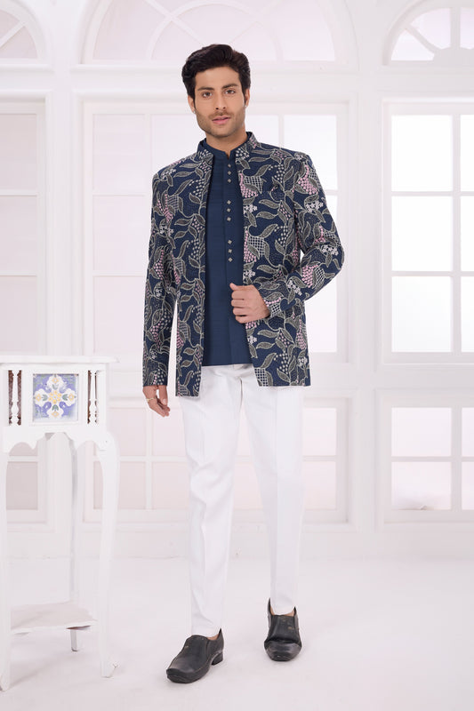 Stunning Navy Blue Floral Jodhpuri Jacket Without Pant for Wedding