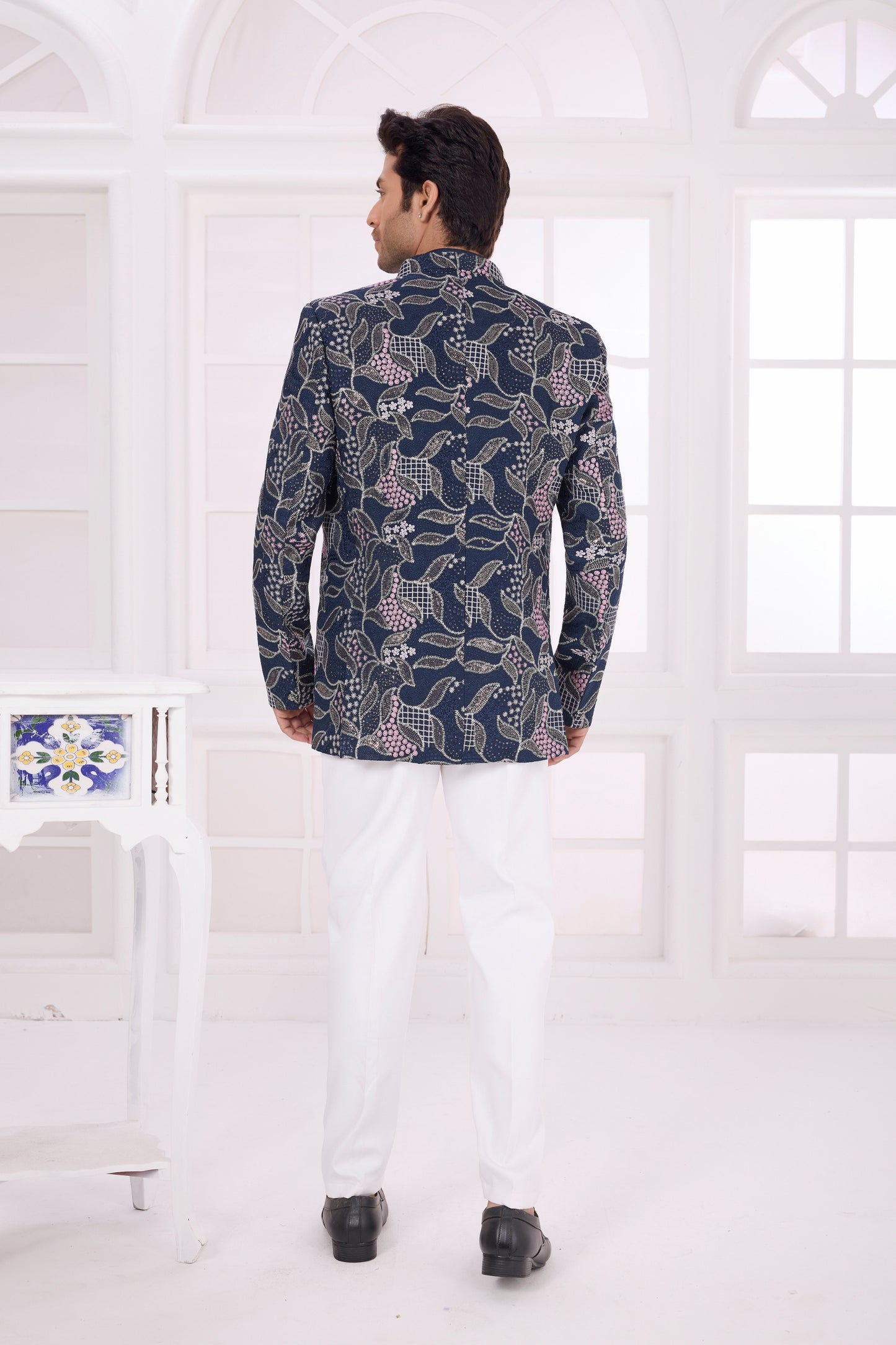 Stunning Navy Blue Floral Jodhpuri Jacket Without Pant for Wedding