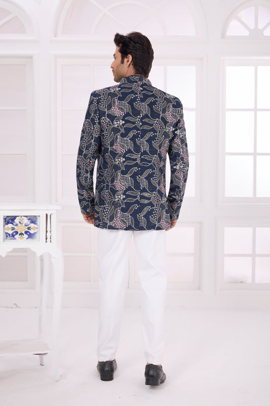 Stunning Navy Blue Floral Jodhpuri Jacket Without Pant for Wedding