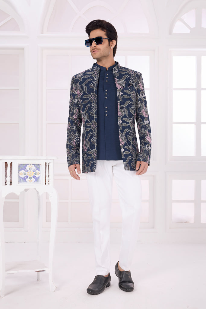 Stunning Navy Blue Floral Jodhpuri Jacket Without Pant for Wedding