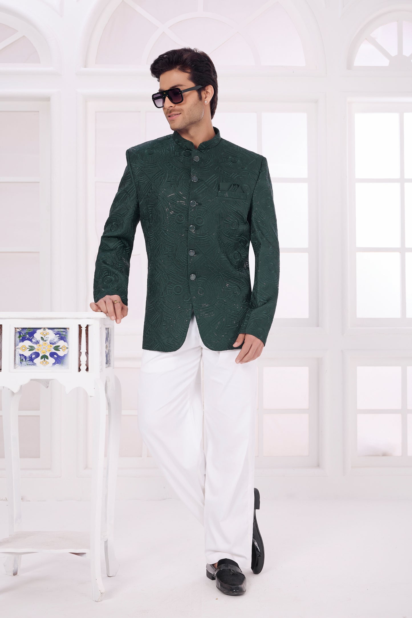 Handsome Dark Green Floral Jodhpuri Jacket Without Pant for Wedding