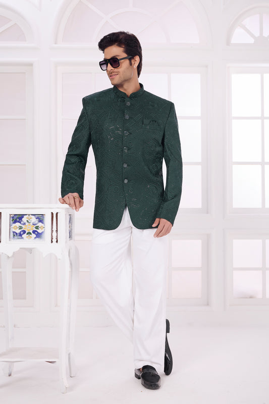 Handsome Dark Green Floral Jodhpuri Jacket Without Pant for Wedding