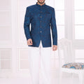 Superb Blue Textured Jodhpuri Jacket Without Pant for Wedding