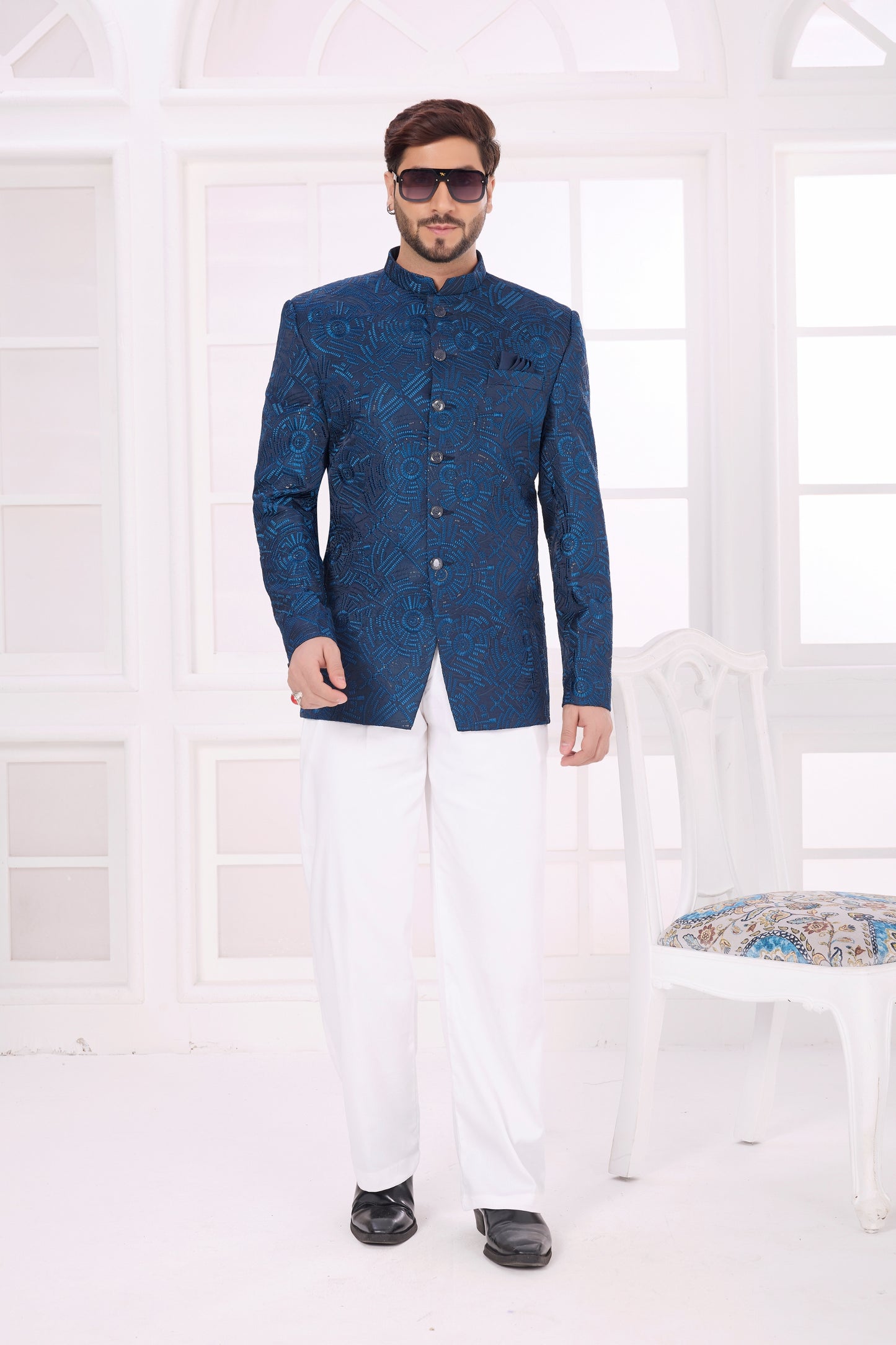 Superb Blue Textured Jodhpuri Jacket Without Pant for Wedding