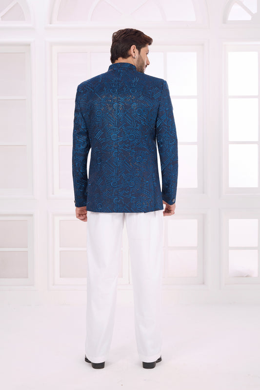 Superb Blue Textured Jodhpuri Jacket Without Pant for Wedding