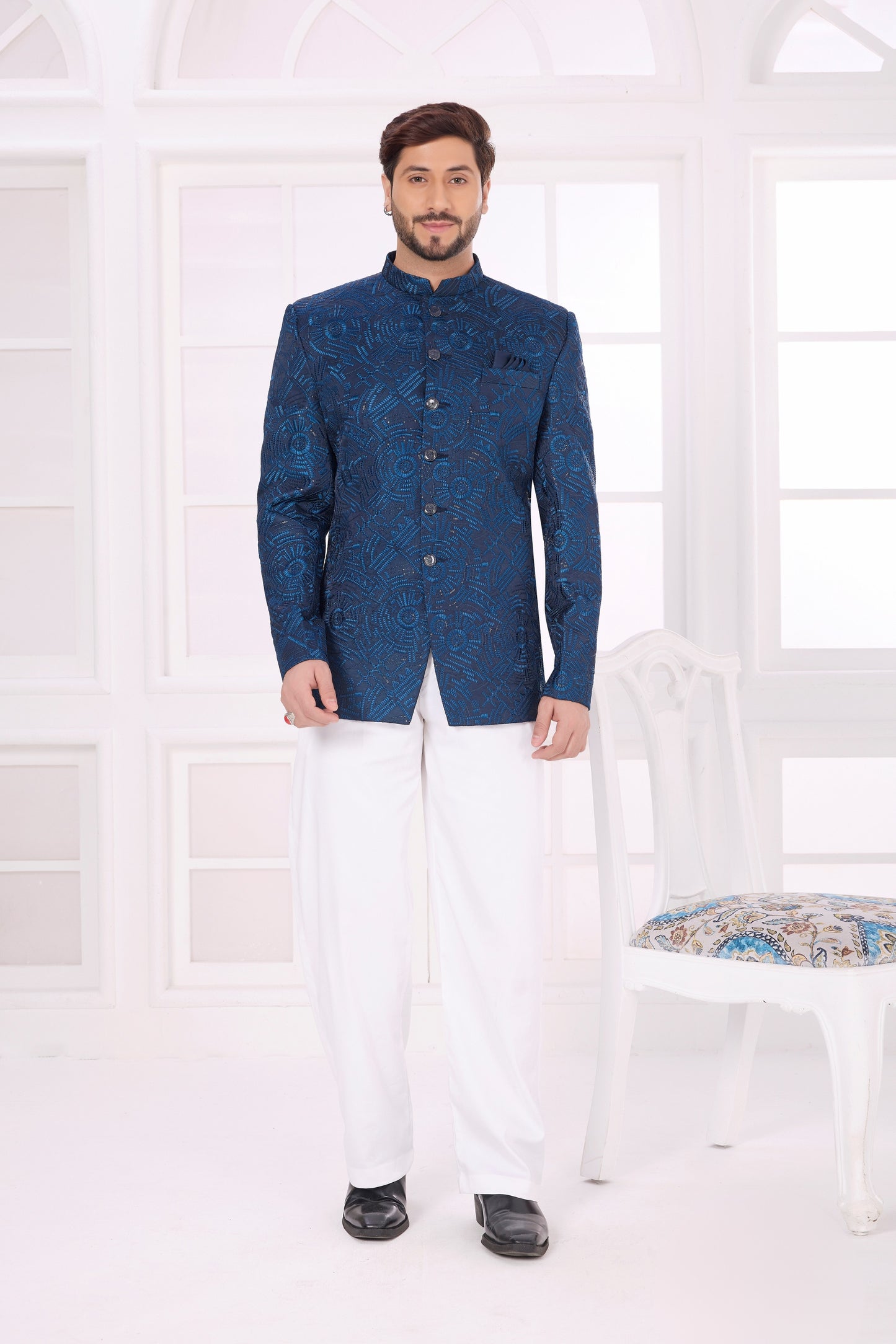 Superb Blue Textured Jodhpuri Jacket Without Pant for Wedding