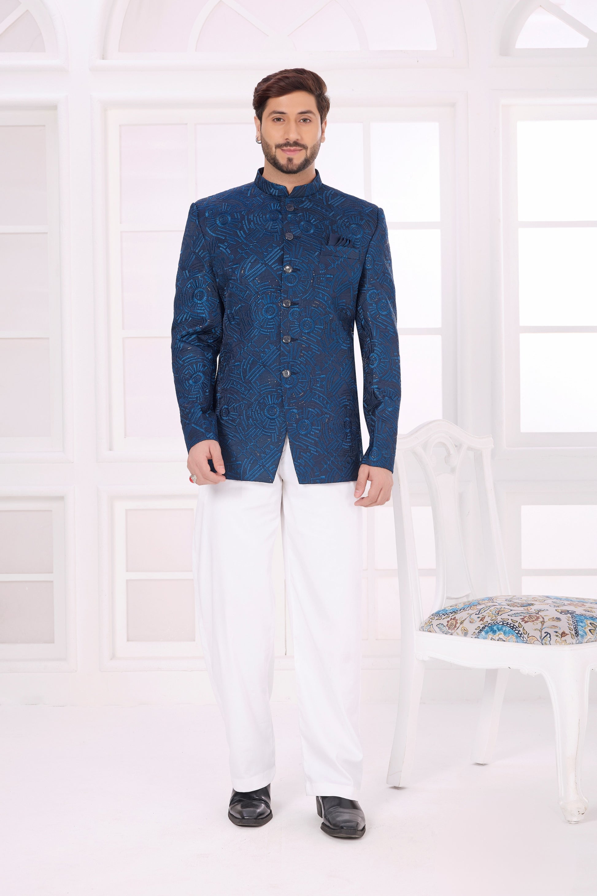 Superb Blue Textured Jodhpuri Jacket Without Pant for Wedding