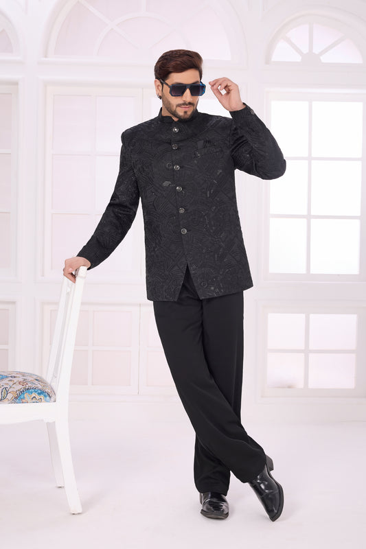 Latest Black Textured Jodhpuri Jacket Without Pant for Wedding