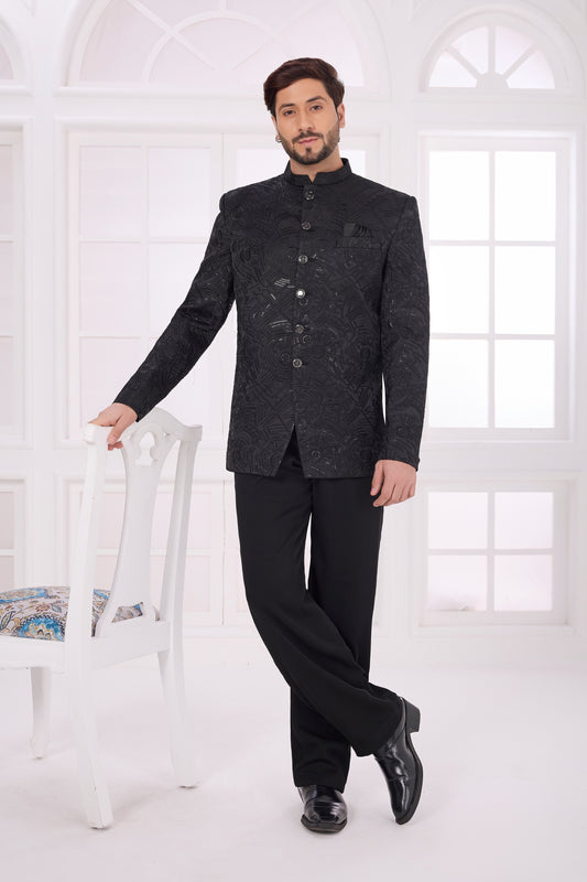 Latest Black Textured Jodhpuri Jacket Without Pant for Wedding