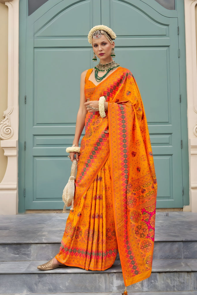 Royal Orange Banarasi Meenakari Print Silk Saree for Wedding