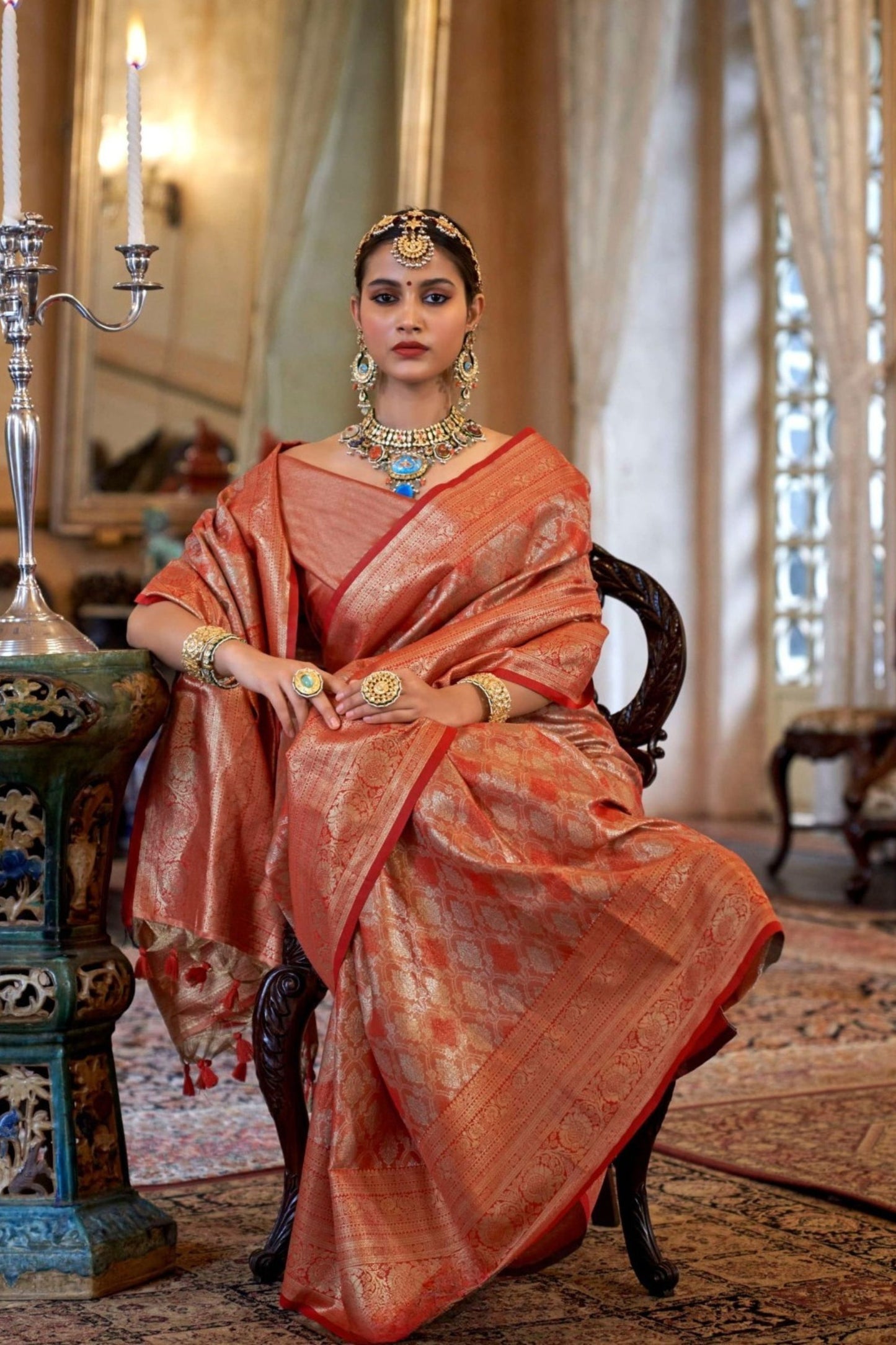 Orange Banarasi Silk Saree with Golden Zari Festive Wear Saree
