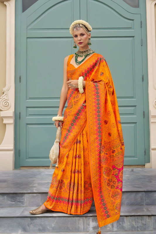 Royal Orange Banarasi Meenakari Print Silk Saree for Wedding