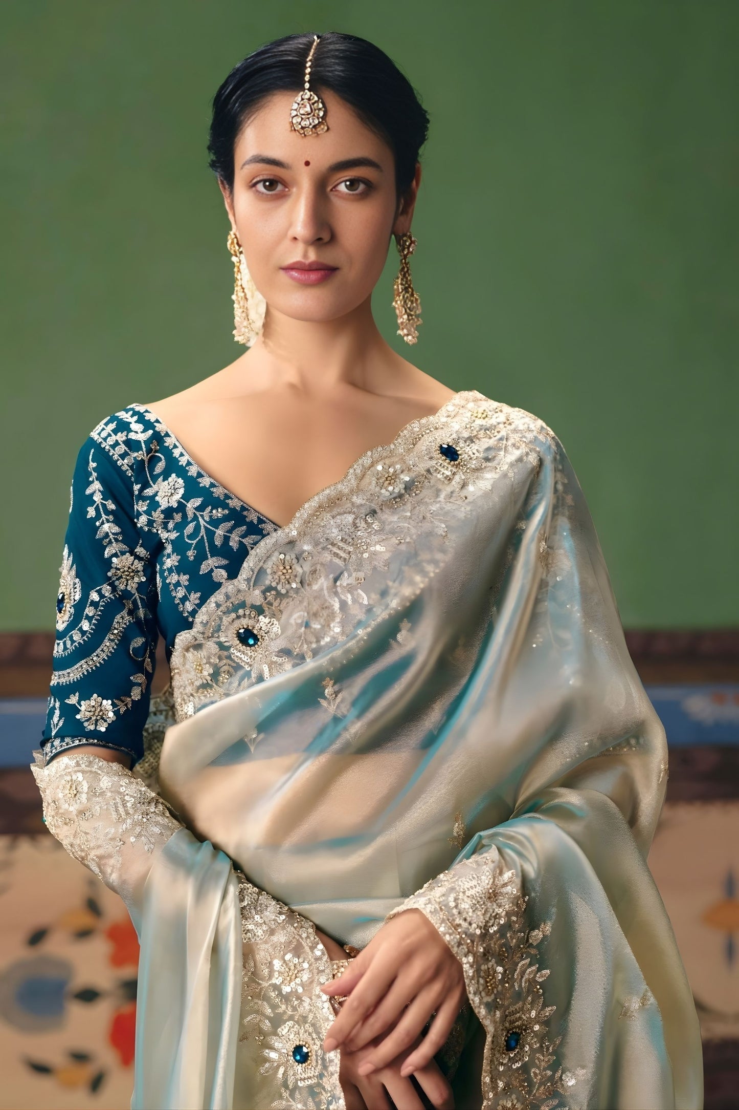 Pastel Mint Green Organza Silk Saree Heavy Silver Zari Embroidery Border