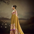 Olive Green Linen Silk Saree Floral Digital Print Purple Border