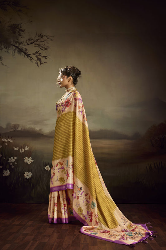 Olive Green Linen Silk Saree Floral Digital Print Purple Border