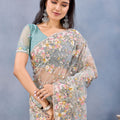 Sea Green Floral Embroidered Net Saree with Designer Border