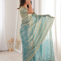Elegant Sky Blue Organza Silk Saree with Golden Embroidered Border