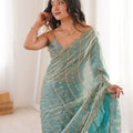 Aqua Blue Organza Silk Saree Golden Zari Embroidery Designer Blouse