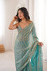 Aqua Blue Organza Silk Saree Golden Zari Embroidery Designer Blouse