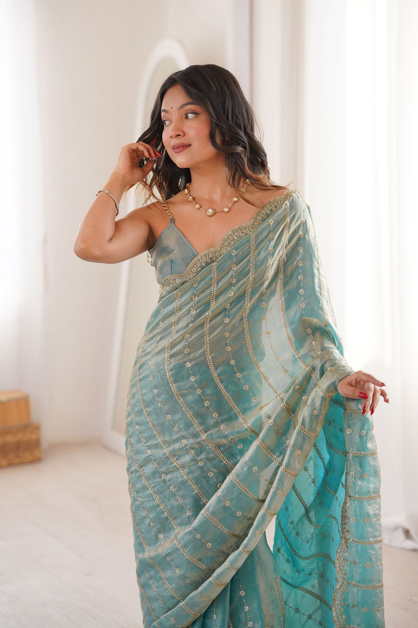 Aqua Blue Organza Silk Saree Golden Zari Embroidery Designer Blouse