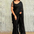 Luxury Black Georgette Sequins Embroidered Saree Designer Cut Sleeve Blouse 