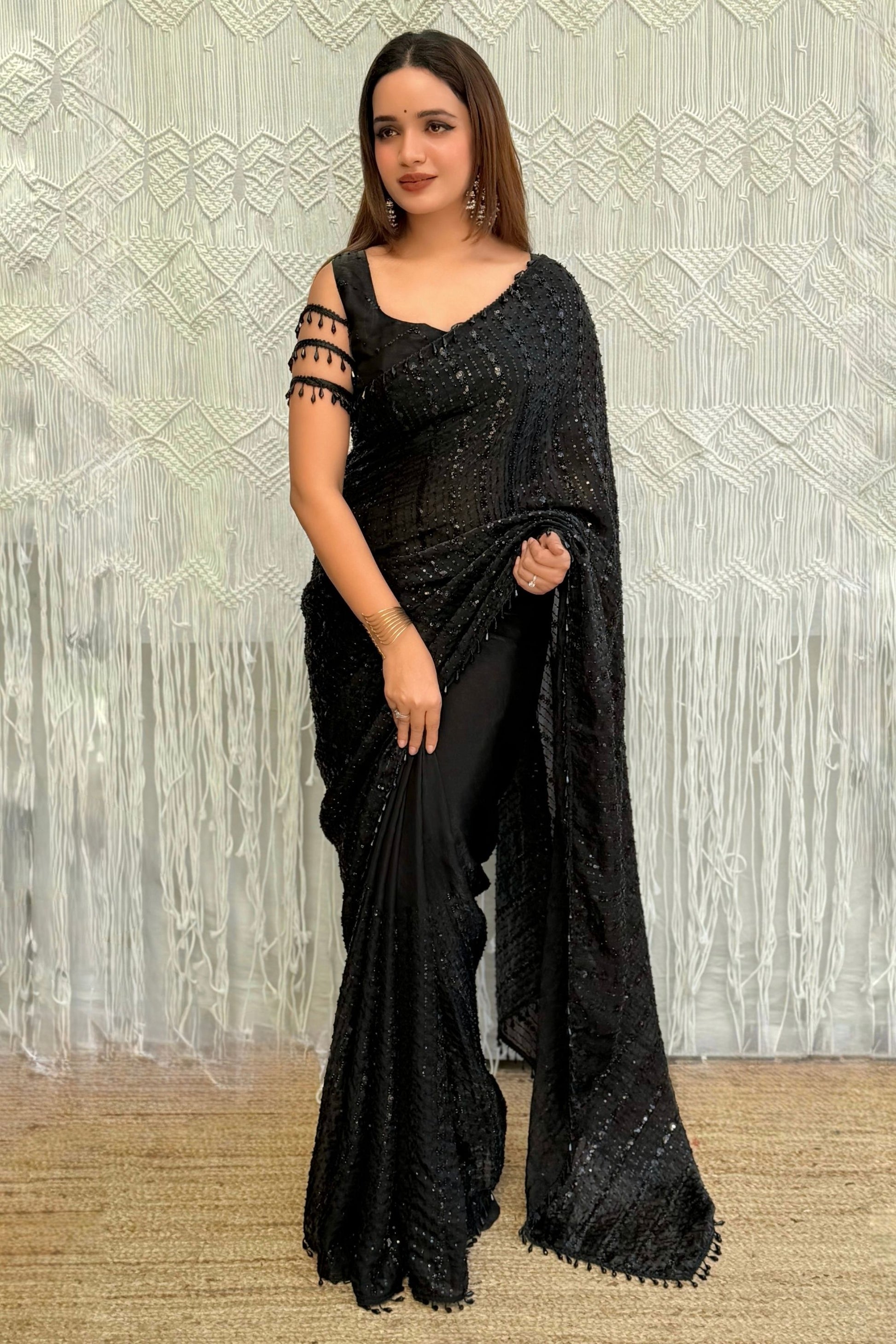Luxury Black Georgette Sequins Embroidered Saree Designer Cut Sleeve Blouse 