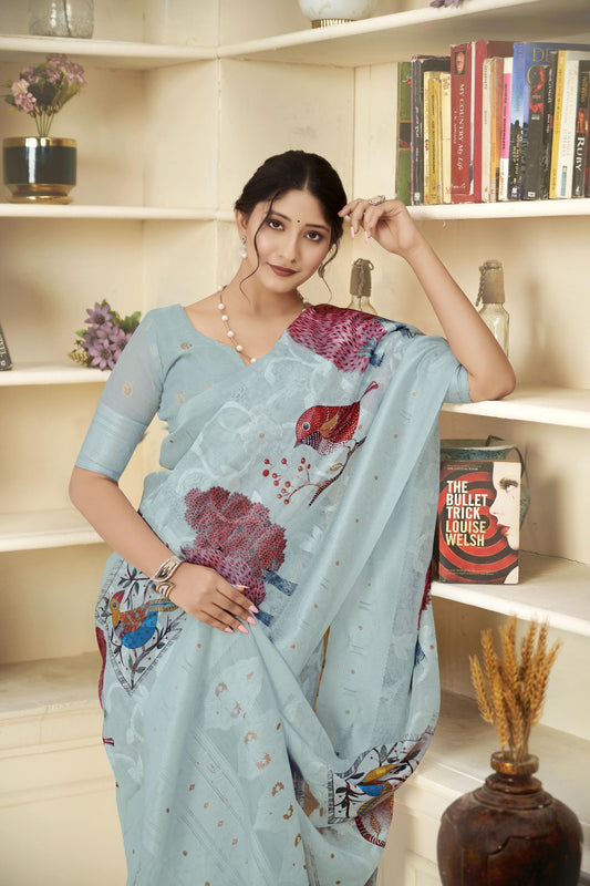 Sky Blue Linen Saree with Colorful Bird Print and Woven Detailing