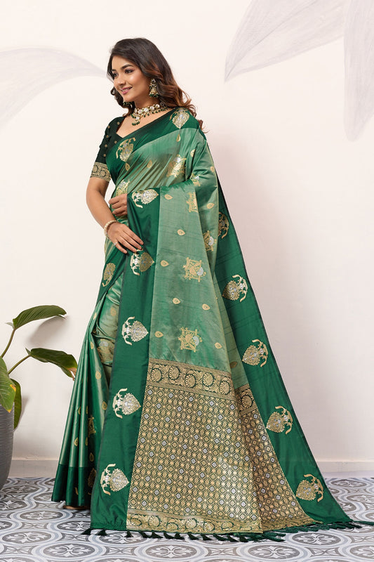 Bottle Green Kanjivaram Silk Saree with Rich Gold Zari Border