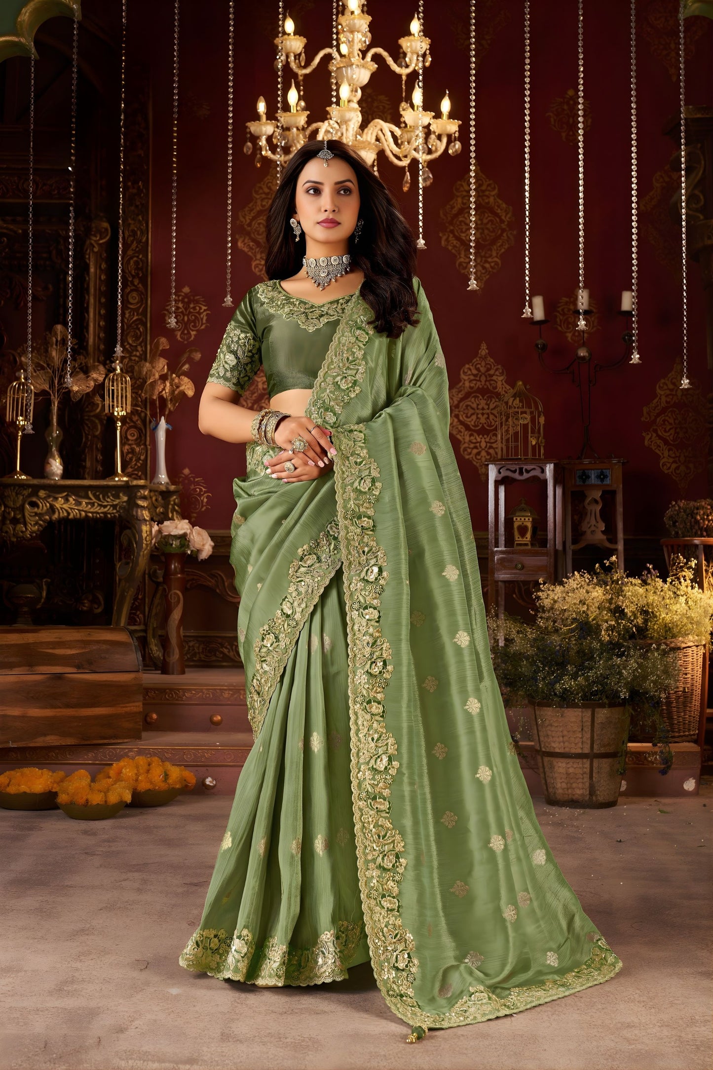  Olive Green Embroidered Silk Saree Heavy Zari Border Designer Blouse