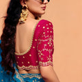 Teal Blue Designer Saree Embroidered Contrast Pink Blouse