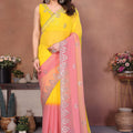 Yellow and Peach Georgette Saree Embroidered Border Work