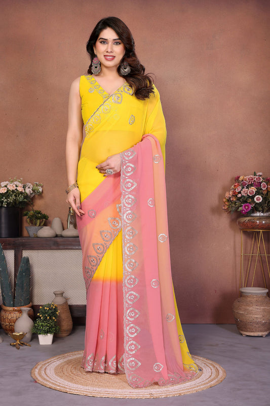 Yellow and Peach Georgette Saree Embroidered Border Work