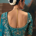 Teal Blue Saree with Silver Floral Embroidery Wedding Silk Saree