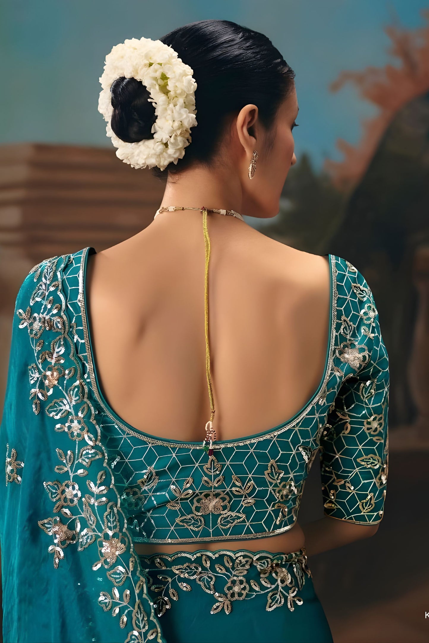 Teal Blue Saree with Silver Floral Embroidery Wedding Silk Saree