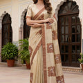 Elegant Beige Floral Printed Linen Silk Saree with Brown Border