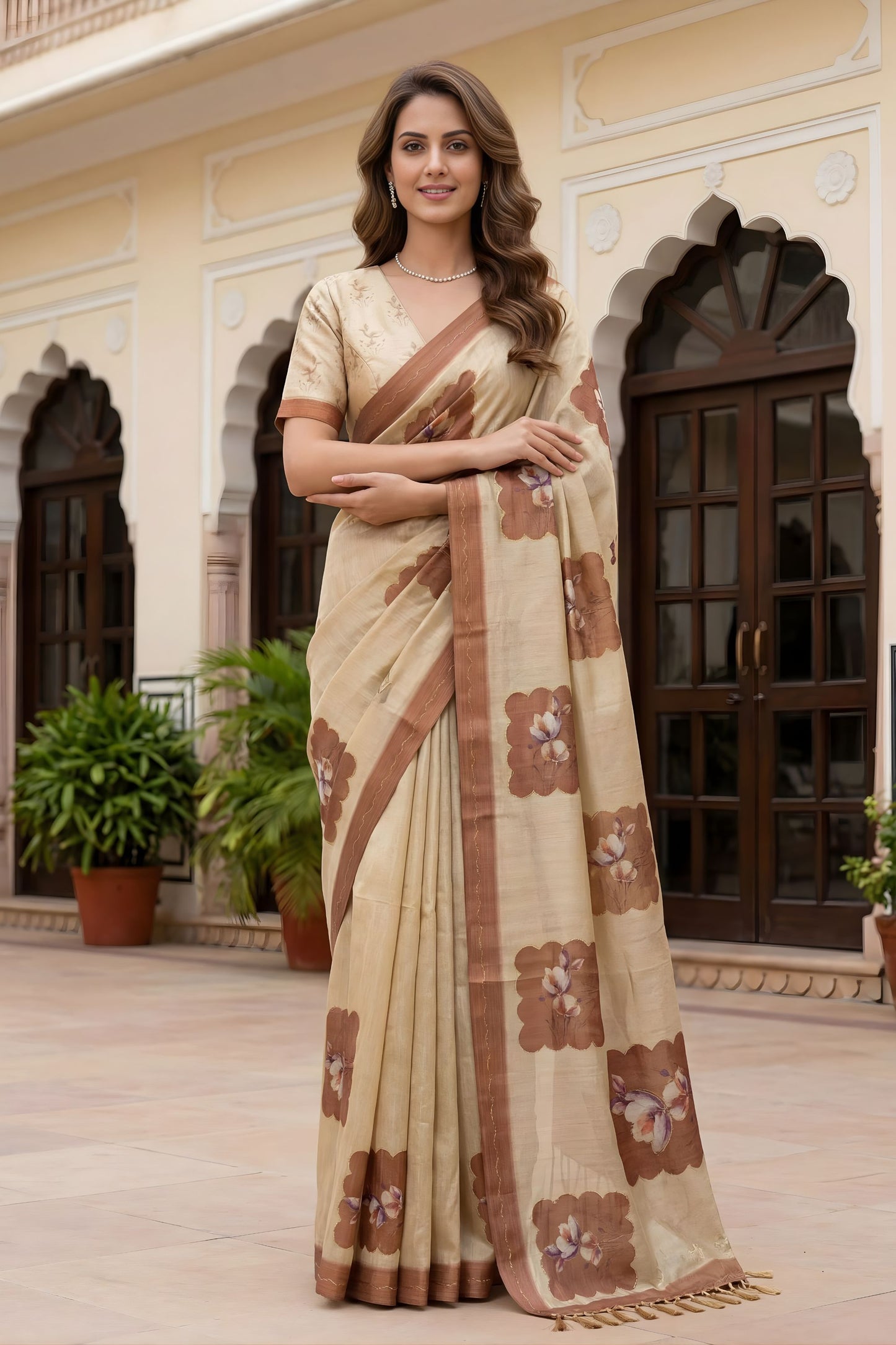 Elegant Beige Floral Printed Linen Silk Saree with Brown Border