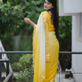 Yellow Cream Georgette Saree Embroidered Border Designer Blouse
