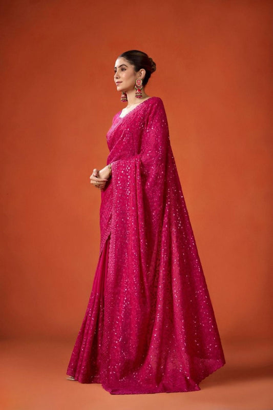Rani Pink Embroidered Saree with Matching Blouse Party Wear Saree