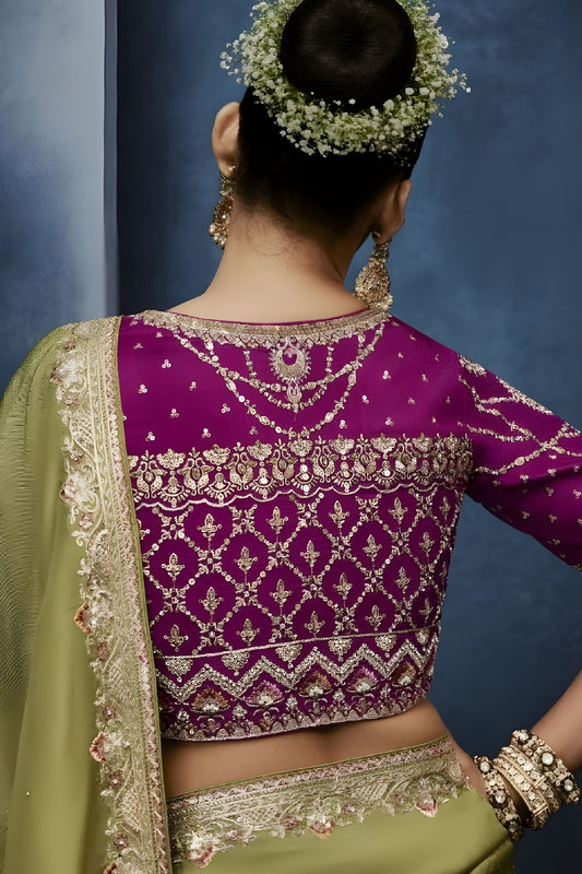 Luxury Olive Green Embroidered Saree with Designer Blouse