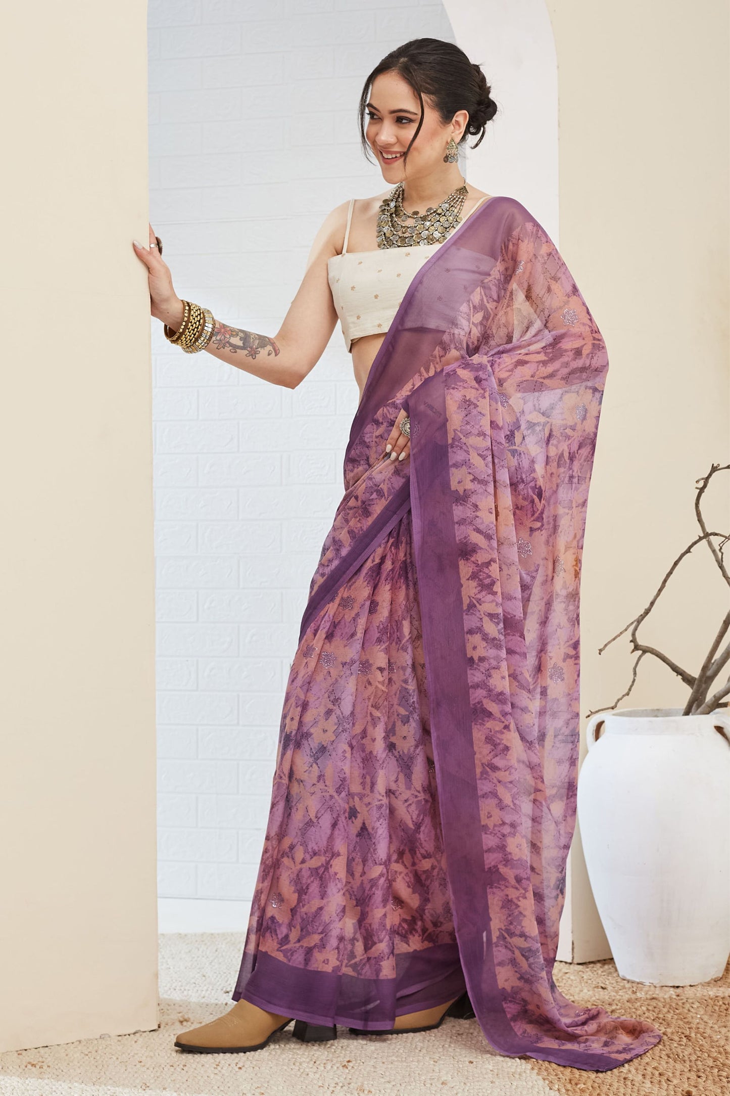 Lavender Floral Printed Designer Saree with Contrast Border
