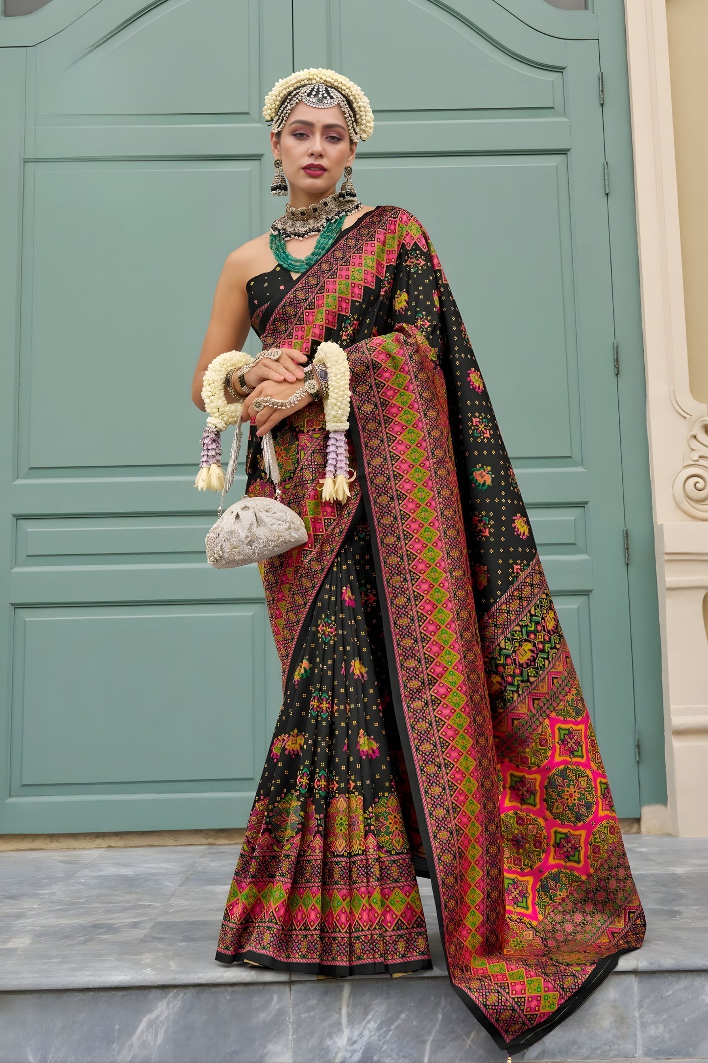 Luxury Black Banarasi Meenakari Print Silk Saree for Wedding