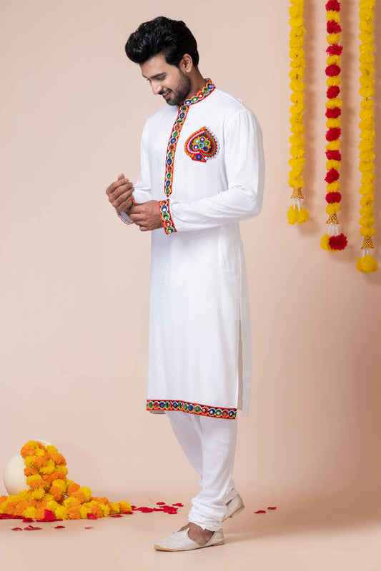 White Rayon Kurta with Multicolor Mirror Embroidery for Navratri Festival