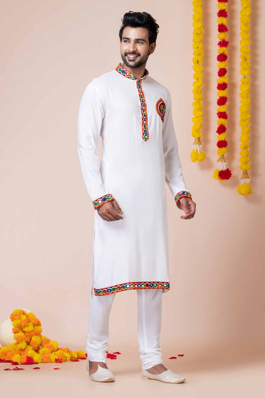 White Rayon Kurta with Multicolor Mirror Embroidery for Navratri Festival