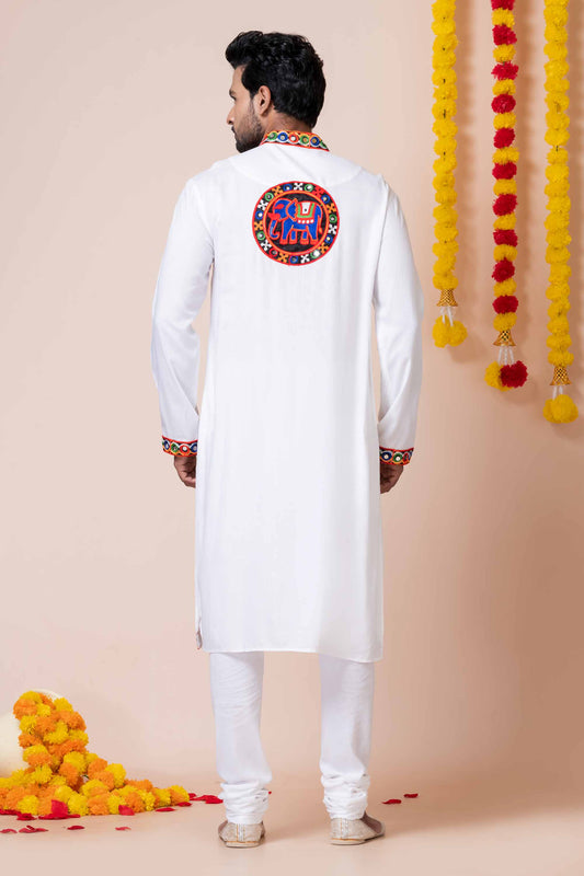 White Rayon Kurta with Multicolor Mirror Embroidery for Navratri Festival