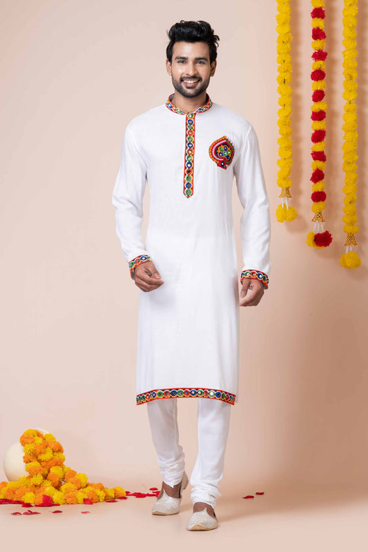 White Cotton Kurta with Multicolor Mirror Embroidery for Navratri Festival