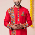 Red Rayon Kurta with Multicolor Mirror Embroidery for Navratri Festival