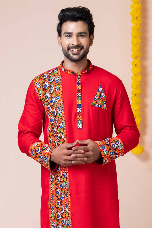 Red Rayon Kurta with Multicolor Mirror Embroidery for Navratri Festival