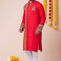 Red Rayon Kurta with Multicolor Mirror Embroidery for Navratri Festival