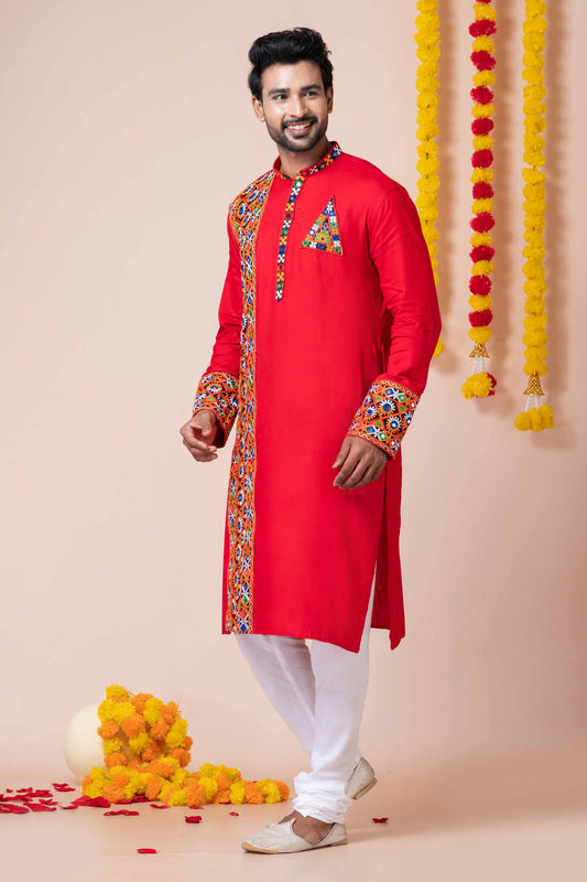 Red Rayon Kurta with Multicolor Mirror Embroidery for Navratri Festival